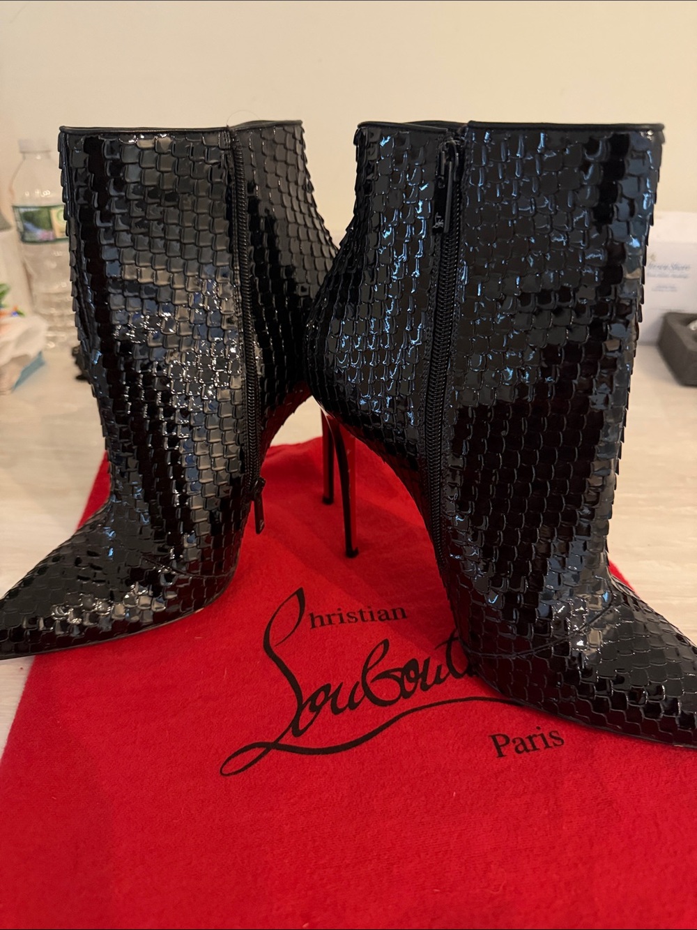 Christian Louboutin Black Patent Textured Sequin Ankle Booties